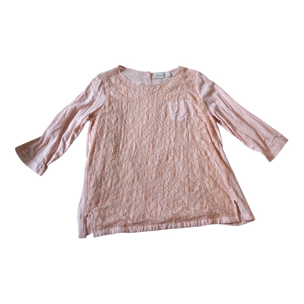 Chico's Pink Lace Overlay Blouse 3/4‎ Sleeve Button Back Career Casual Top
